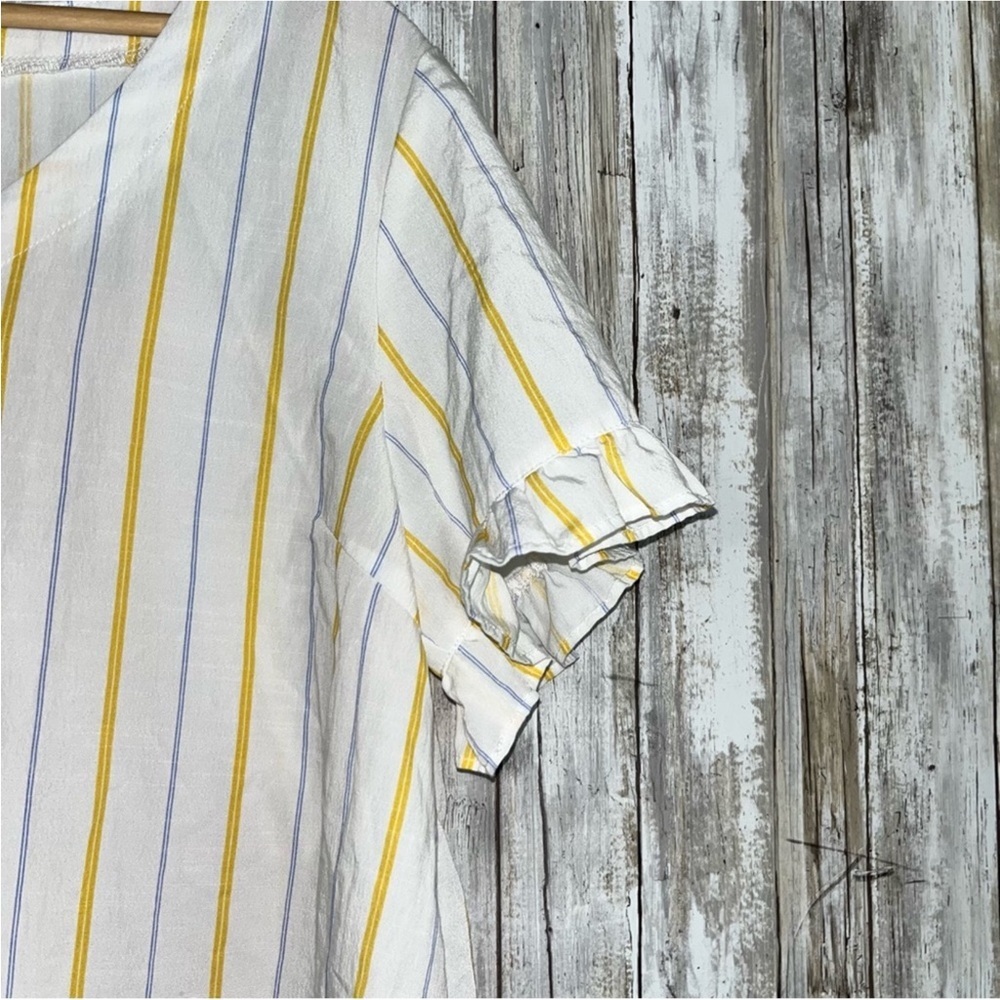 Hem & Thread White Vertical Yellow & Blue Stripe Button Tie Front Blouse - Picture 2 of 5